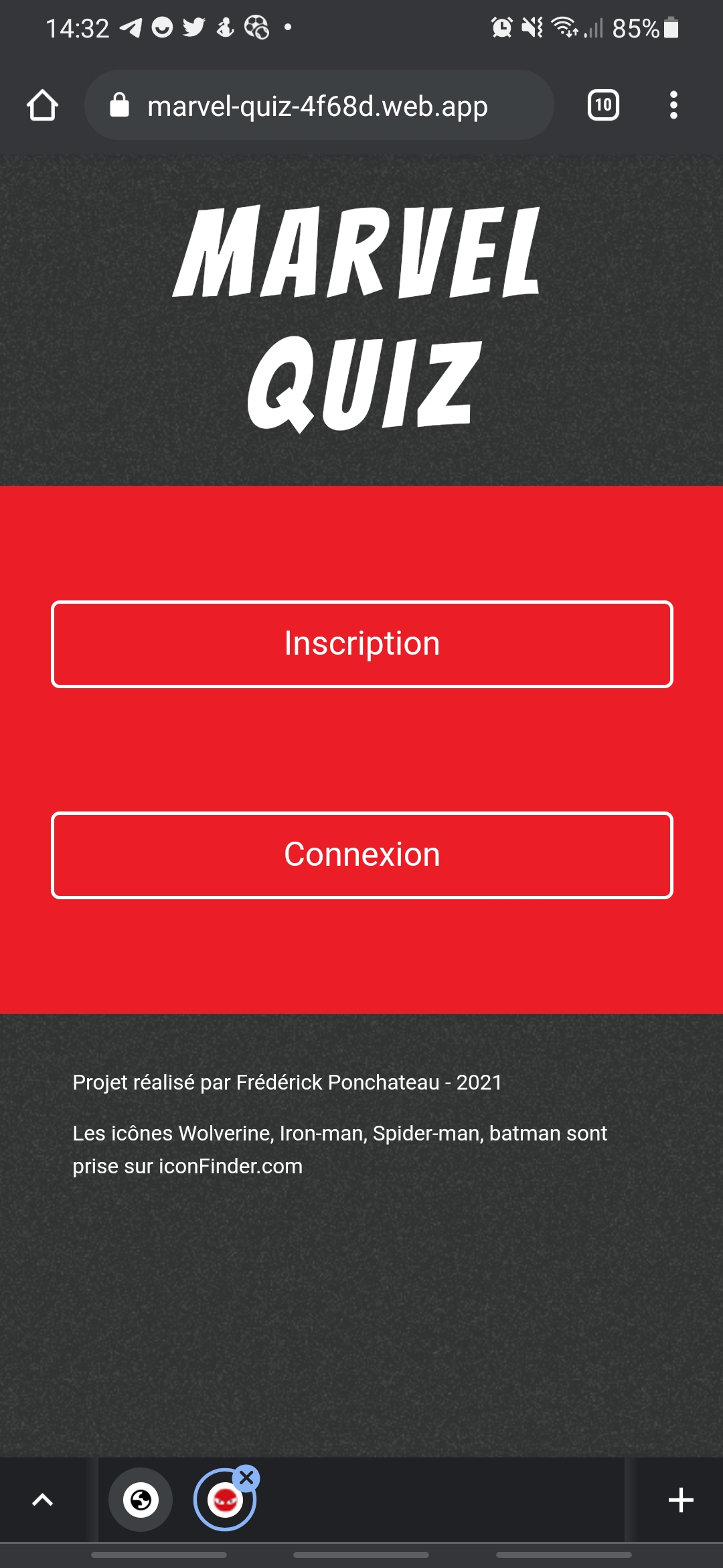 Capture d'écran de l'application Marvel Quiz