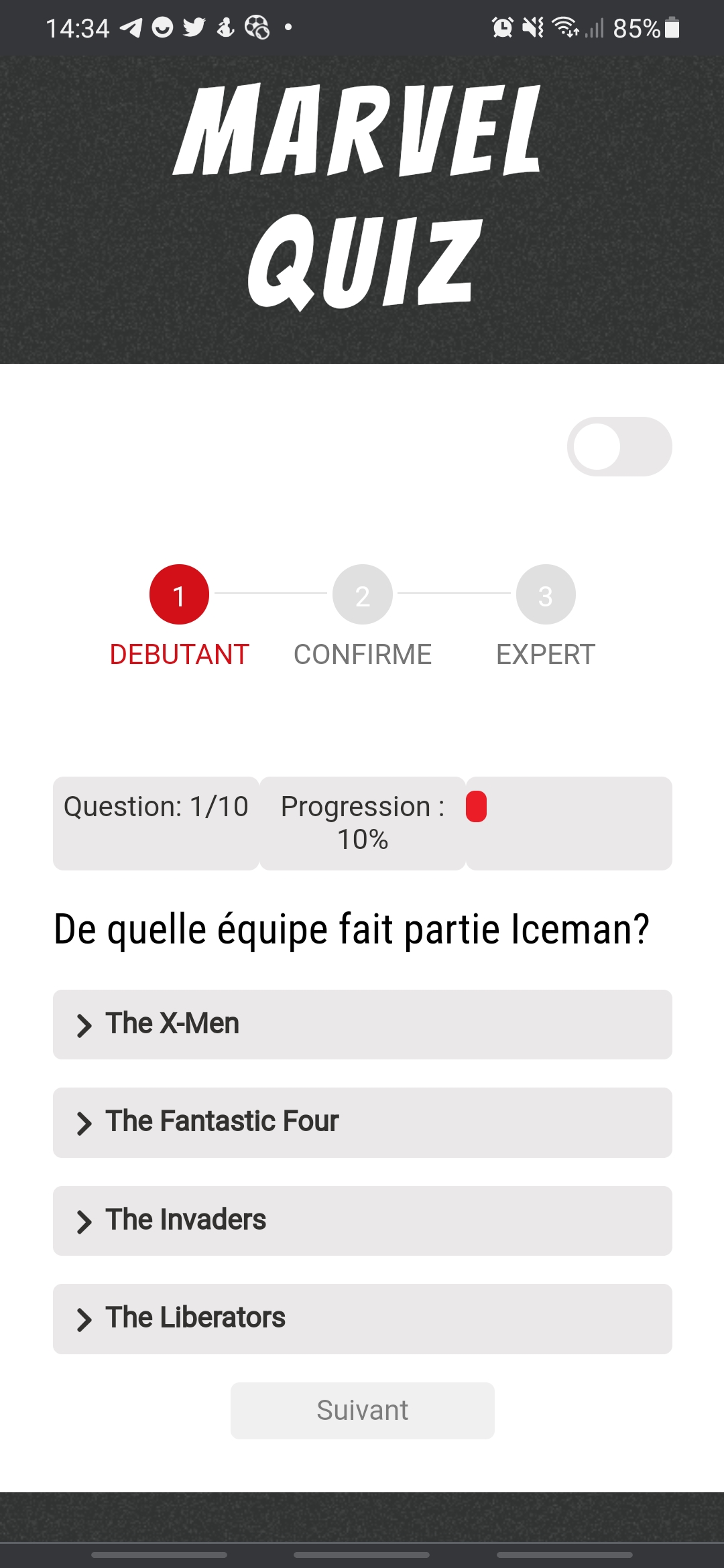 Deuxième capture d'écran de l'application Marvel Quiz
